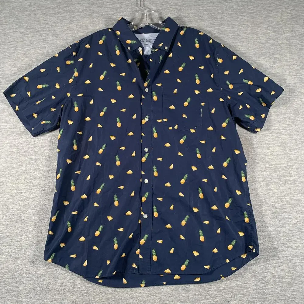 Banana Republic Luxe Poplin Shirt Mens XL Blue Pineapple Short Sleeve Button